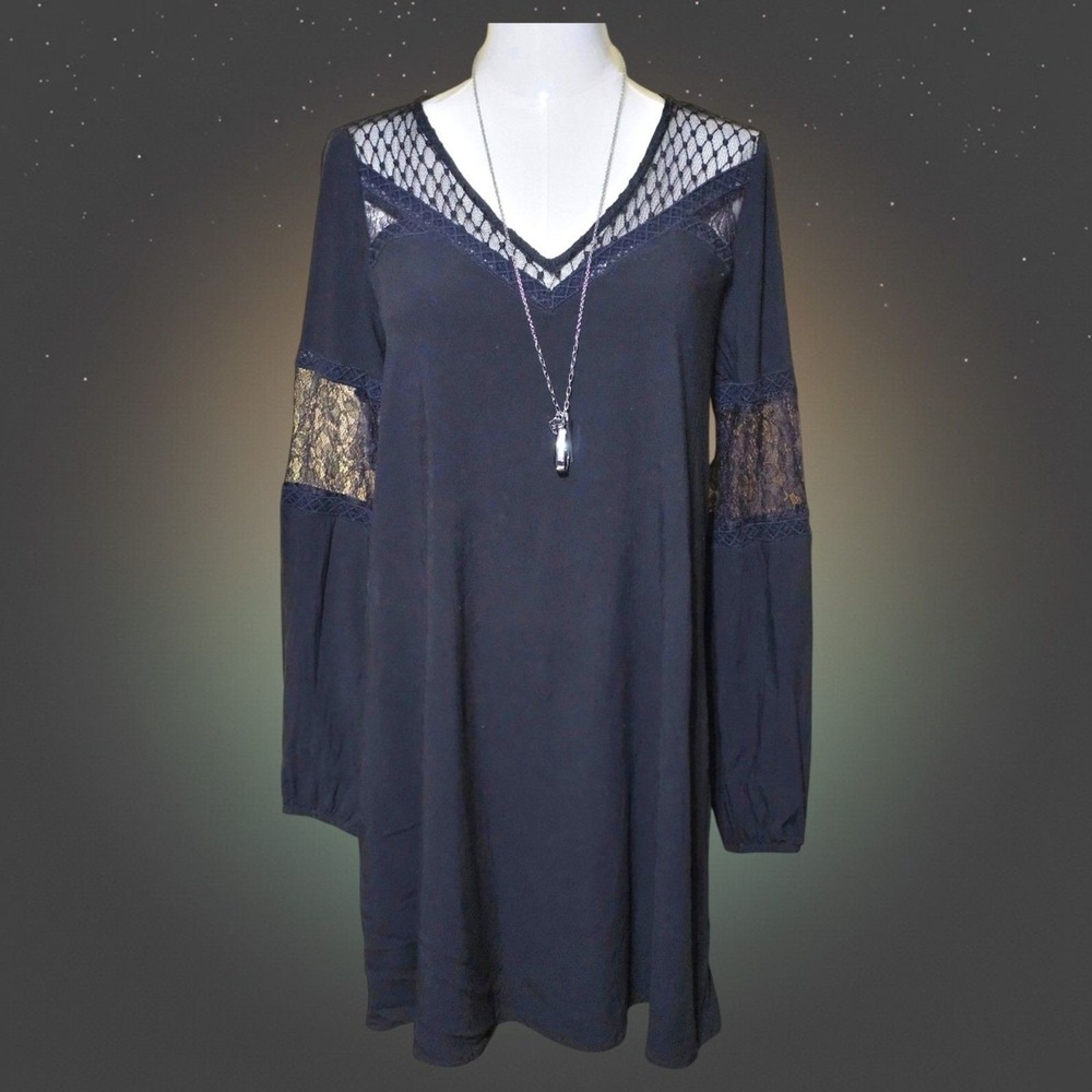Express Womens Black Lace Back V-Neck Long Sleeve Shift‎ Mini Dress Small Boho